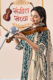 Dark Teal Color Pure Cotton Block Print With Fancy Borer Embroidery Work Long Suit